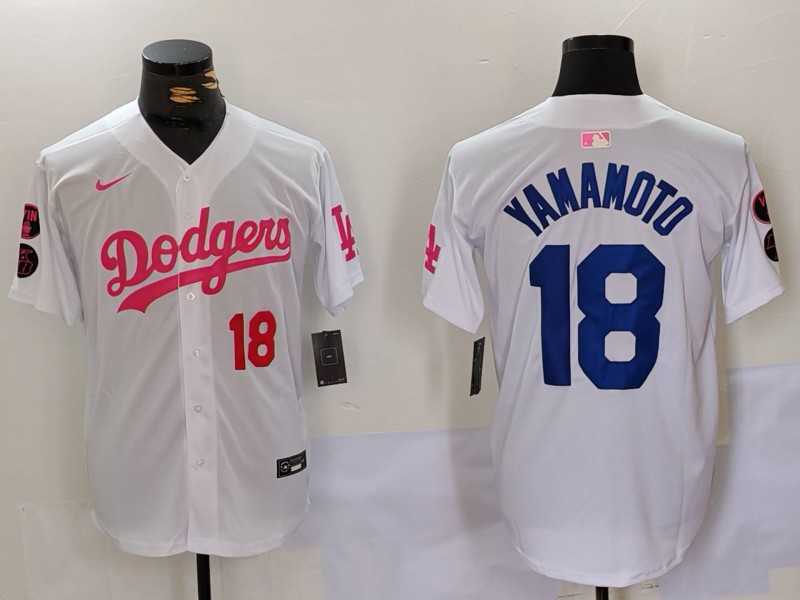 Men's Los Angeles Dodgers #18 Yoshinobu Yamamoto White Pink Vin & Kobe Patch Stitched Baseball Jerseys,We sell and wholesale Men's Los Angeles Dodgers #18 Yoshinobu Yamamoto White Pink Vin & Kobe Patch Stitched Baseball Jerseys on line form chian!